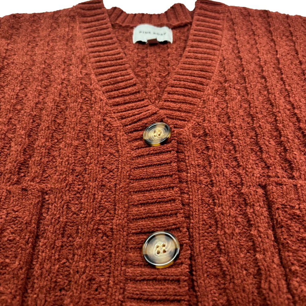 Chunky Boho Womens Large Cardigan Rust Brown Ribbed Knit Button Up Oversized
